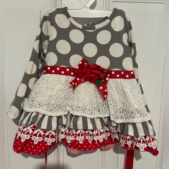 Counting Daisies Girls Mixed Print Tiered Ruffle Polka Dot Lace Dress Sz 24 mos - Picture 2 of 9
